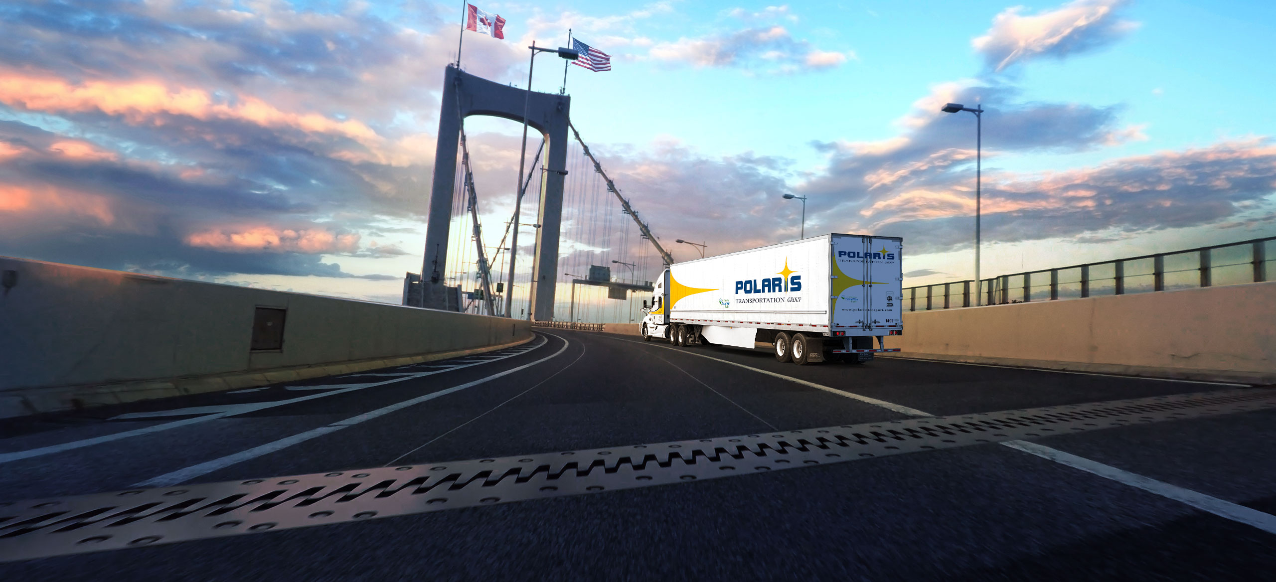 Polaris semi-trailer driving on international Canada/U.S. bridge