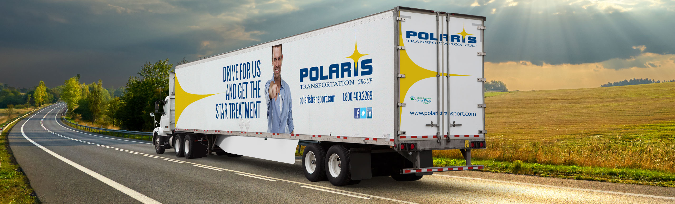 Polaris highway truck driving with recruitment trailer  