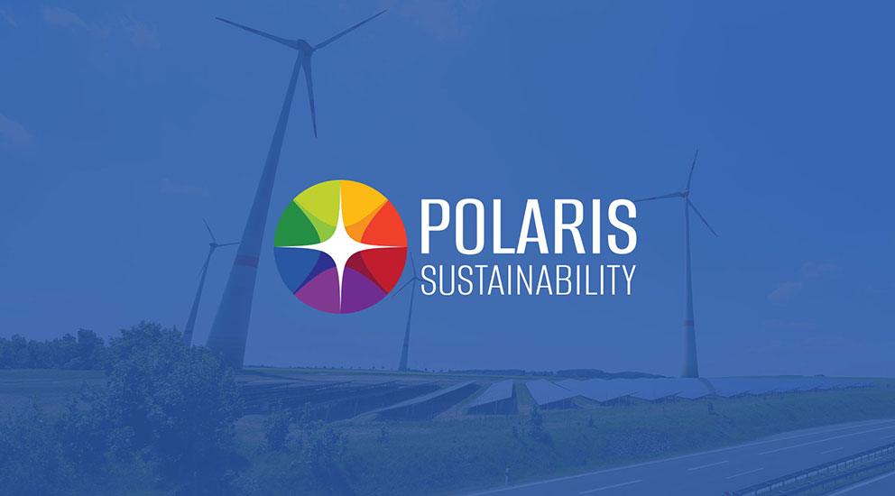 Polaris Sustainability logo with windmills and solar panels in background