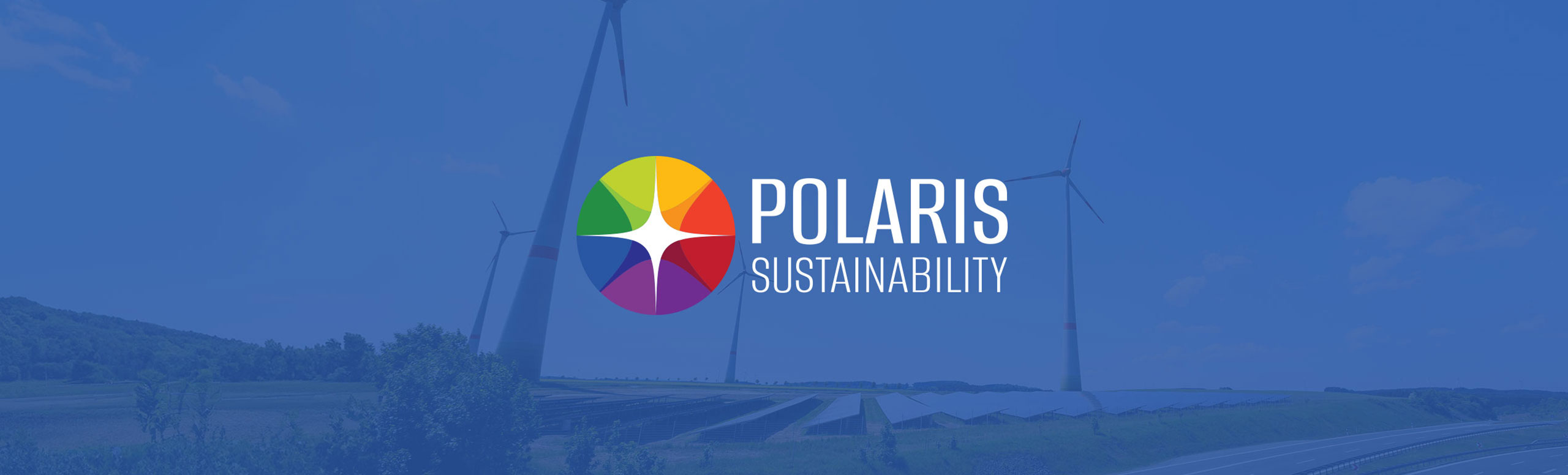 Polaris Sustainability logo with windmills and solar panels in background