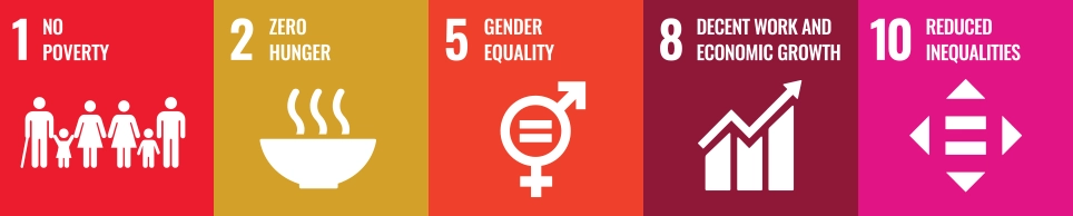 UN SDG icons: No Poverty, Zero Hunger, Gender Equality, Decent Work & Economic Growth, Reduced Inequalities