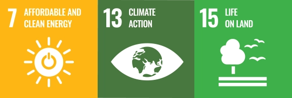 United Nations Sustainability Development Goal icons: Affordable & Clean Energy, Climate Action, Life on Land