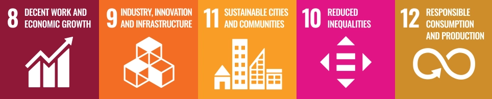 UN SDG icons: Decent Work & Economic Growth, Industry, Innovation & Infrastructure, Sustainable Cities/Communities, Reduced Inequalities, Responsible Consumption/Production